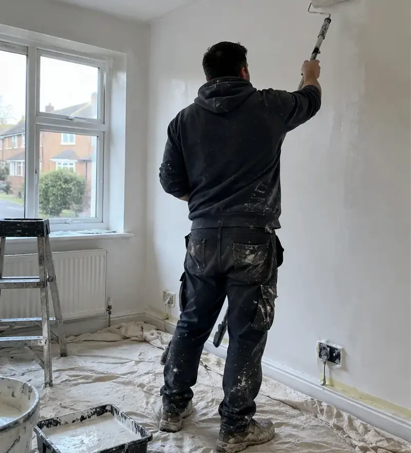 Decorator painting an interior wall, photographed from behind